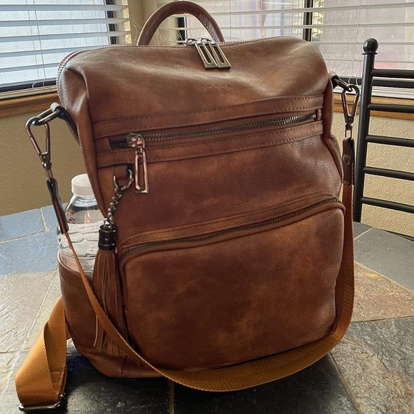 Women Brown Leather Travel Fashion Backpack with Tassel main image 2